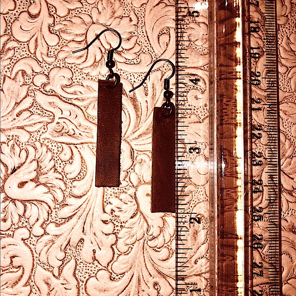 NATURAL LEATHER BAR EARRINGS BROWN LONG NEW HANDMA